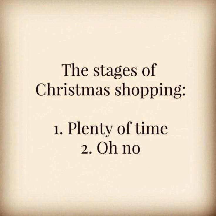 Christmas meme that says, 'The stages of Christmas shopping: 1. Plenty of time 2. Oh no'