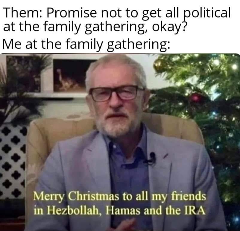 'Them: Promise not to get all political at the family gathering, okay? Me at the family gathering: Merry Christmas to all my friends in Hezbollah, Hamas and the IRA.' Christmas meme.