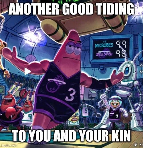 Christmas meme that reads, 'Another good tiding to you and your kin' with a drawing of the SpongeBob characters playing basketball.