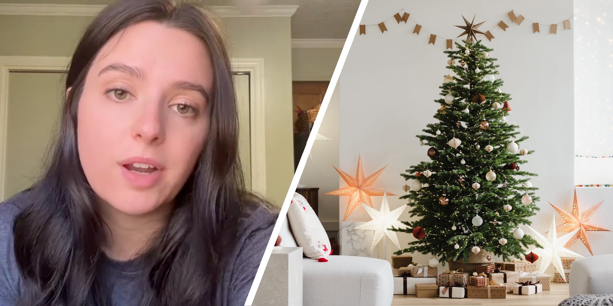 Woman talking(l), Christmas tree(r)