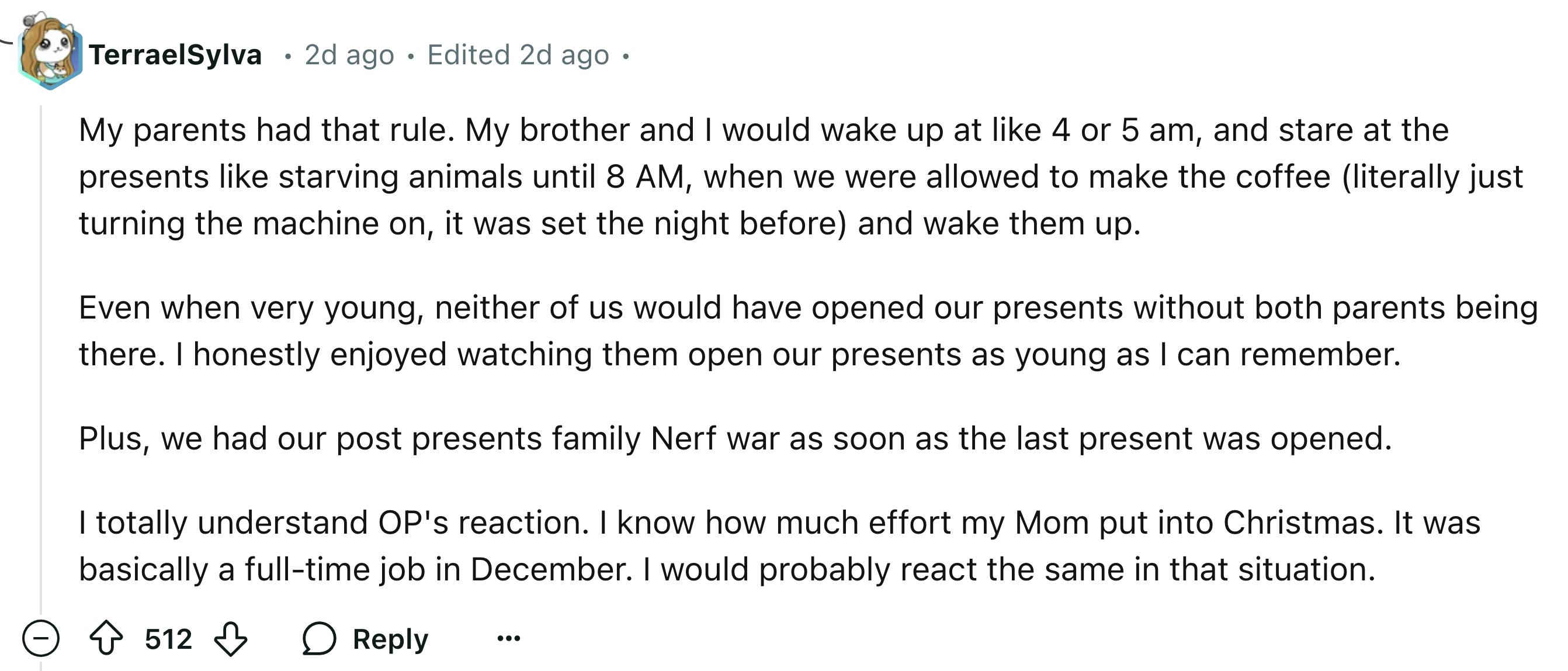 Comment on Reddit about the poster's family rules regarding Christmas morning.