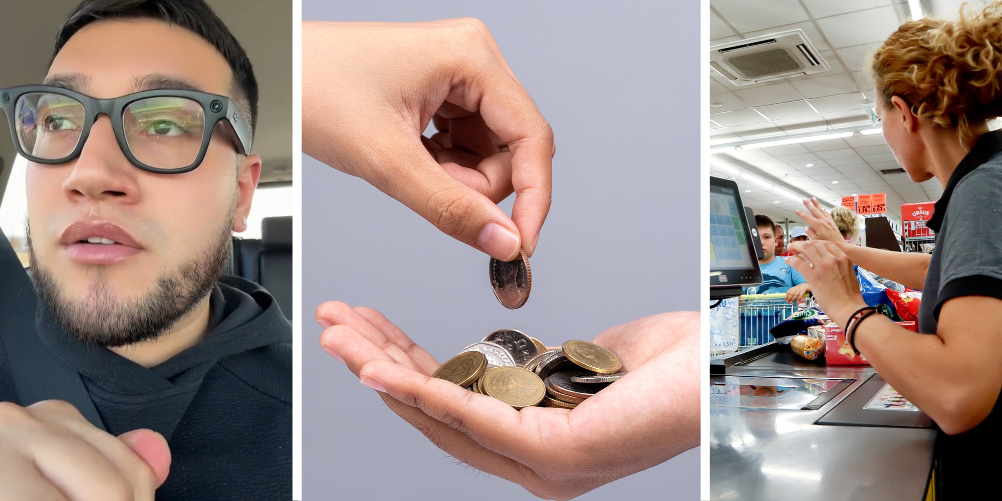 Man sharing story he experienced at cashier(l) Counting coins(c) Cashier(r)