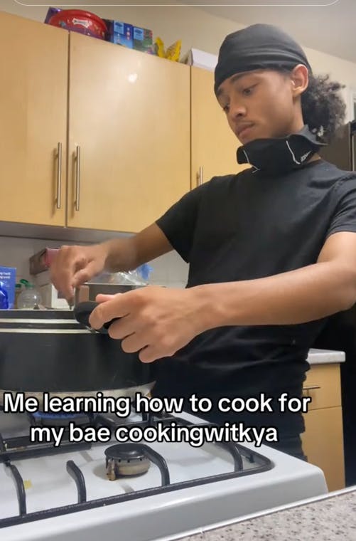 Cooking With Kya TikTok meme with a man cooking over his stove saying he's learning for her.