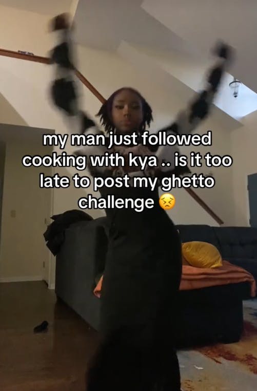 Cooking With Kya TikTok meme with a woman dancing and asking if it's too late to post her ghetto challenge.