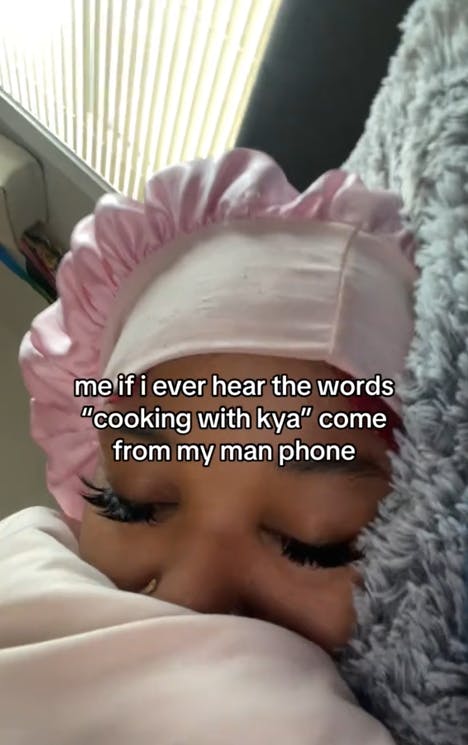 Cooking With Kya TikTok meme with a woman in bed just before hearing her voice on her man's phone.