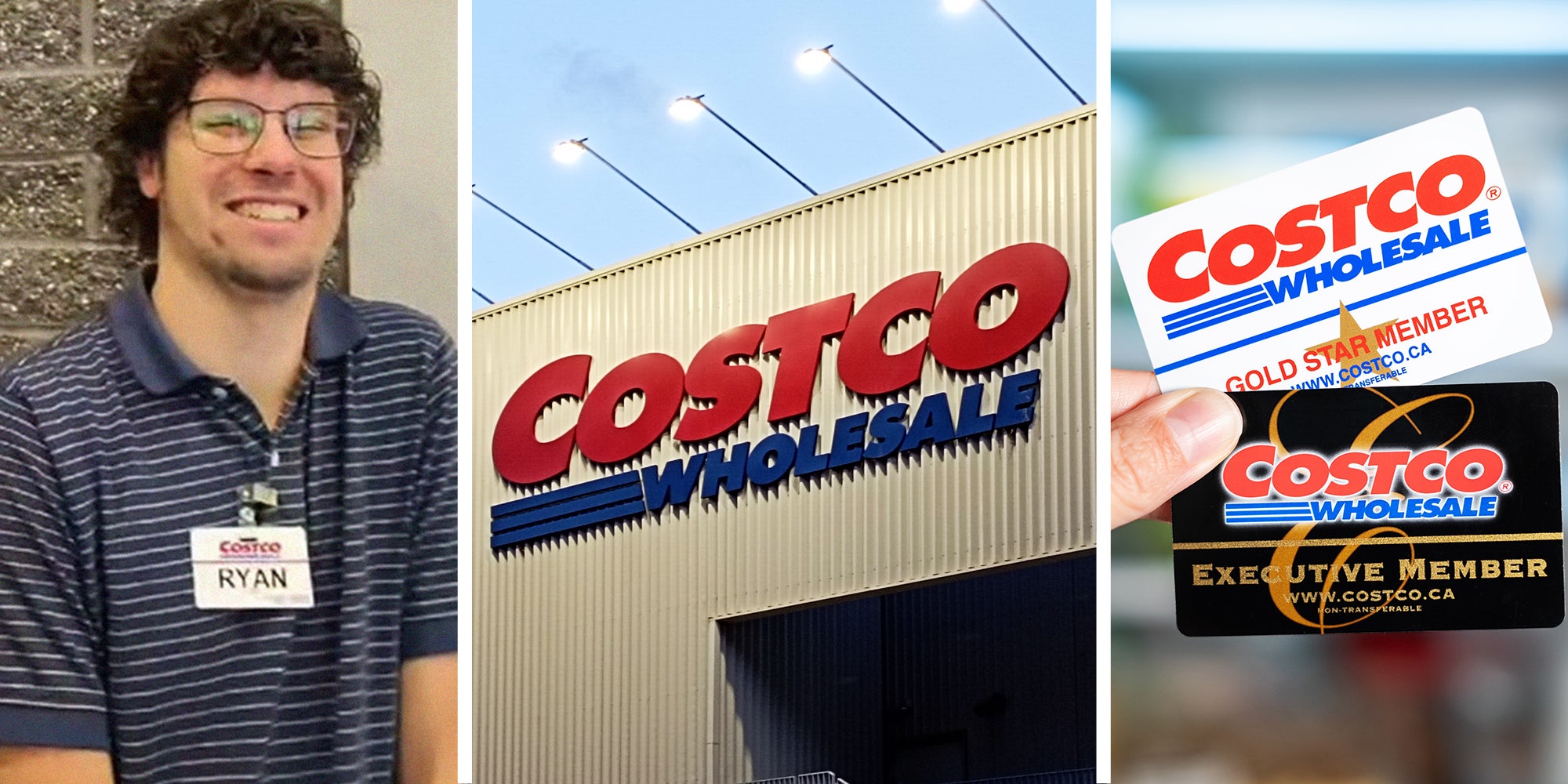Costco Worker(l) Costco Wholesale Store Front(c) Costco Membership cards(r)