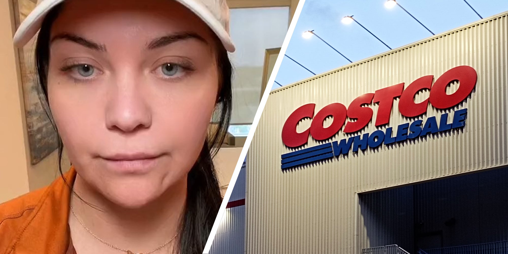Woman sharing costco returns(l) Costco WholeSale Store(r)