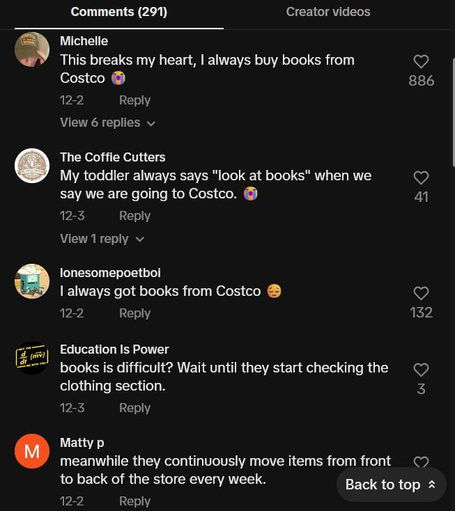 TikTok comments lamenting that Costco will stop selling books.