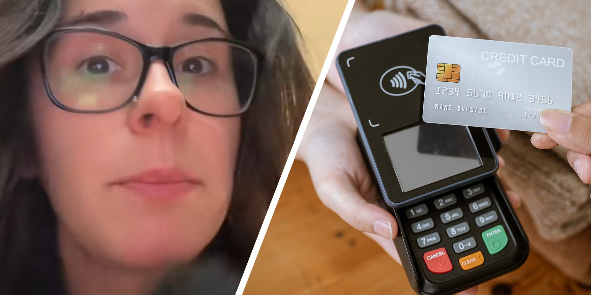 woman shares what the extra card charges mean(l) Credit Card on Charging station(r)