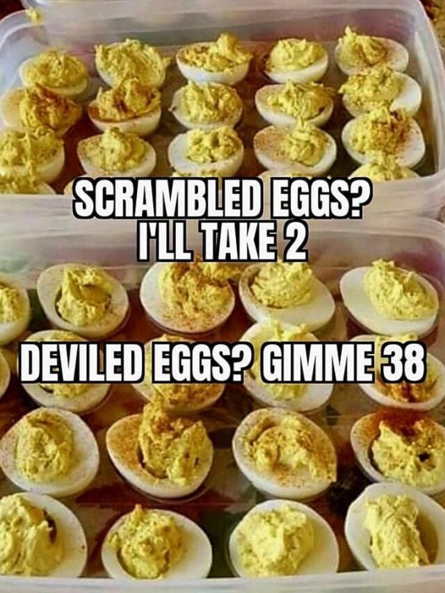 deviled eggs meme with dozens of deviled eggs in tupperware. Text reads, 'Scrambled eggs? I'll take 2. Deviled eggs? Gimme 38.'