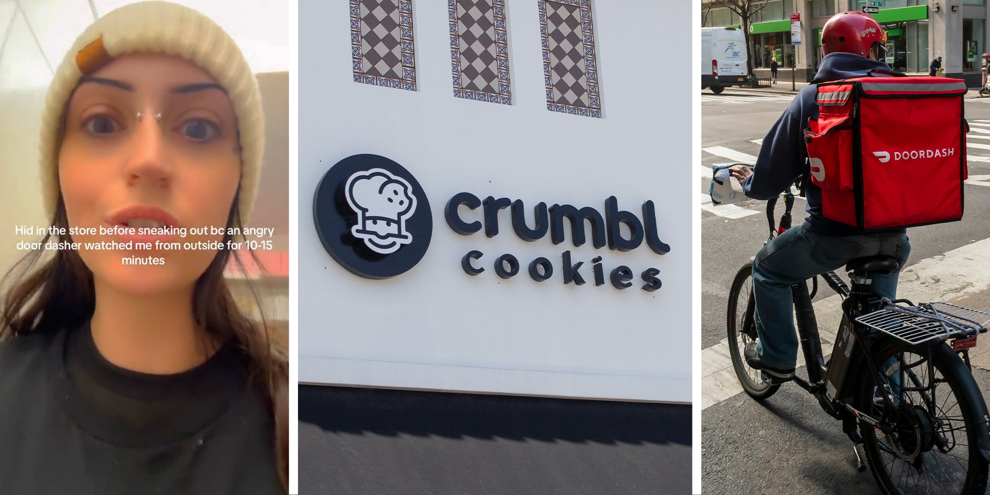 woman shares what time doordash order came in at night(l) Crumbl Cookies Store Front(c) DoorDash Biker(r)