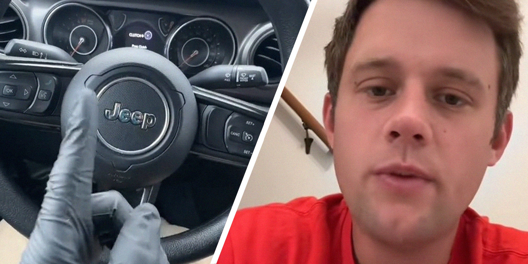 Jeep steering wheel(l) Man with red shirt(r)