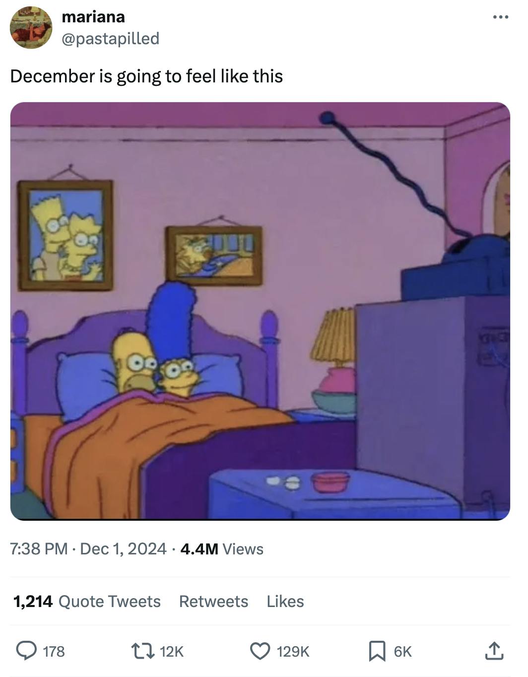 'December is going to feel like this' with a screenshot of Marge and Homer Simpson snuggled in their bed together watching TV.