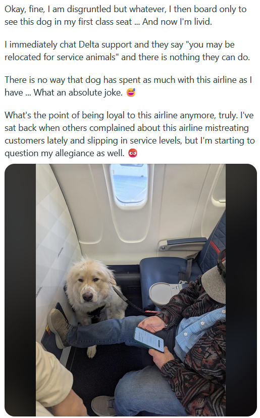 Reddit post with a photo of a service dog in front of a first class seat on a Delta Airlines plane.