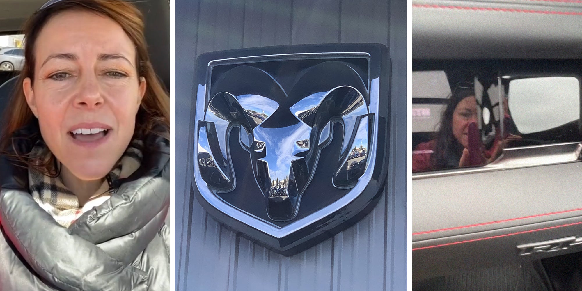 woman sharing new features on Dodge(l) Dodge Ram logo(c) woman's reflection on vehicle dashboard(r)