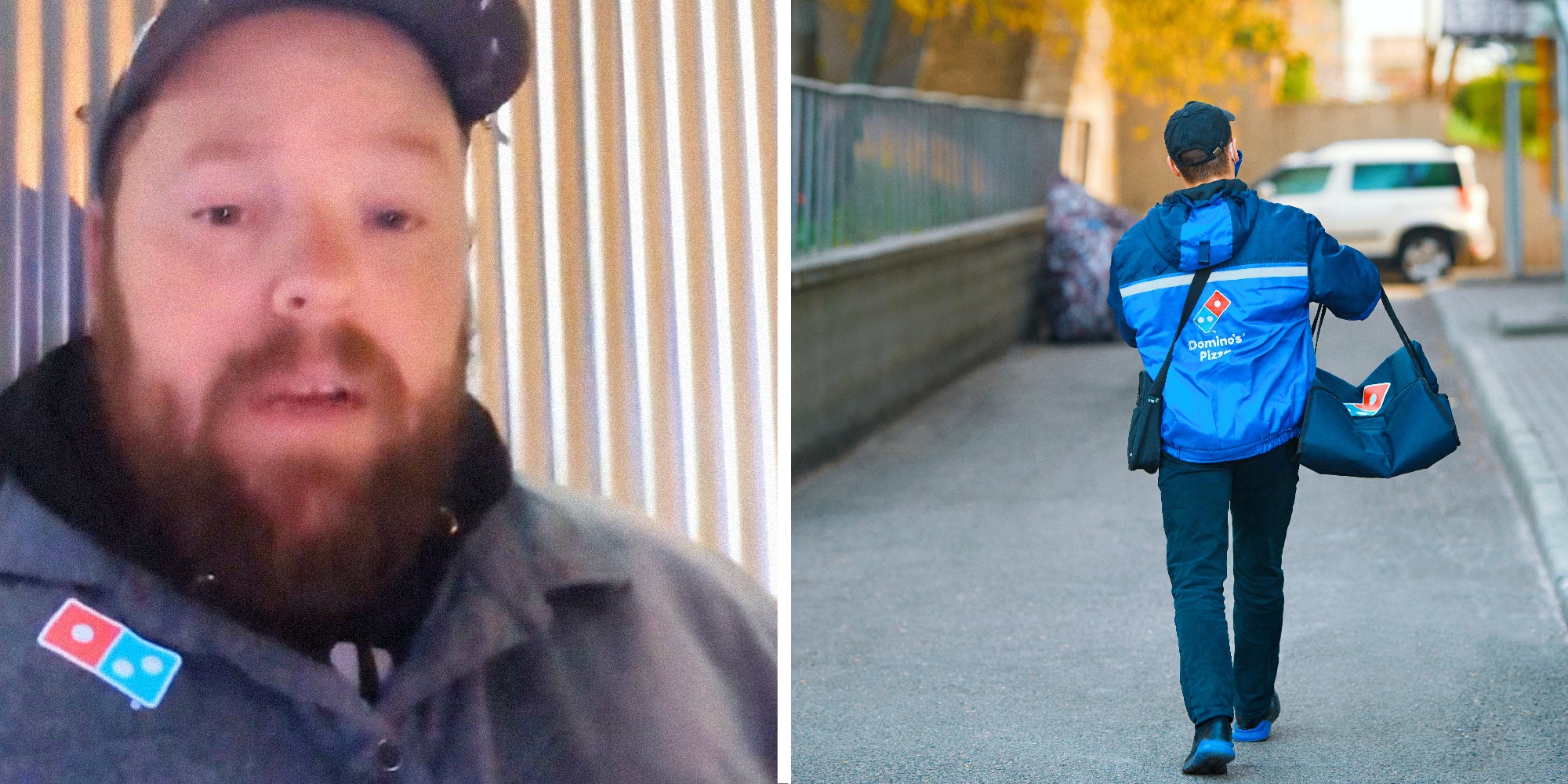 2 panel image, on the left a delivery driver speaks and on the right is a stock image of a delivery driver dropping off food.