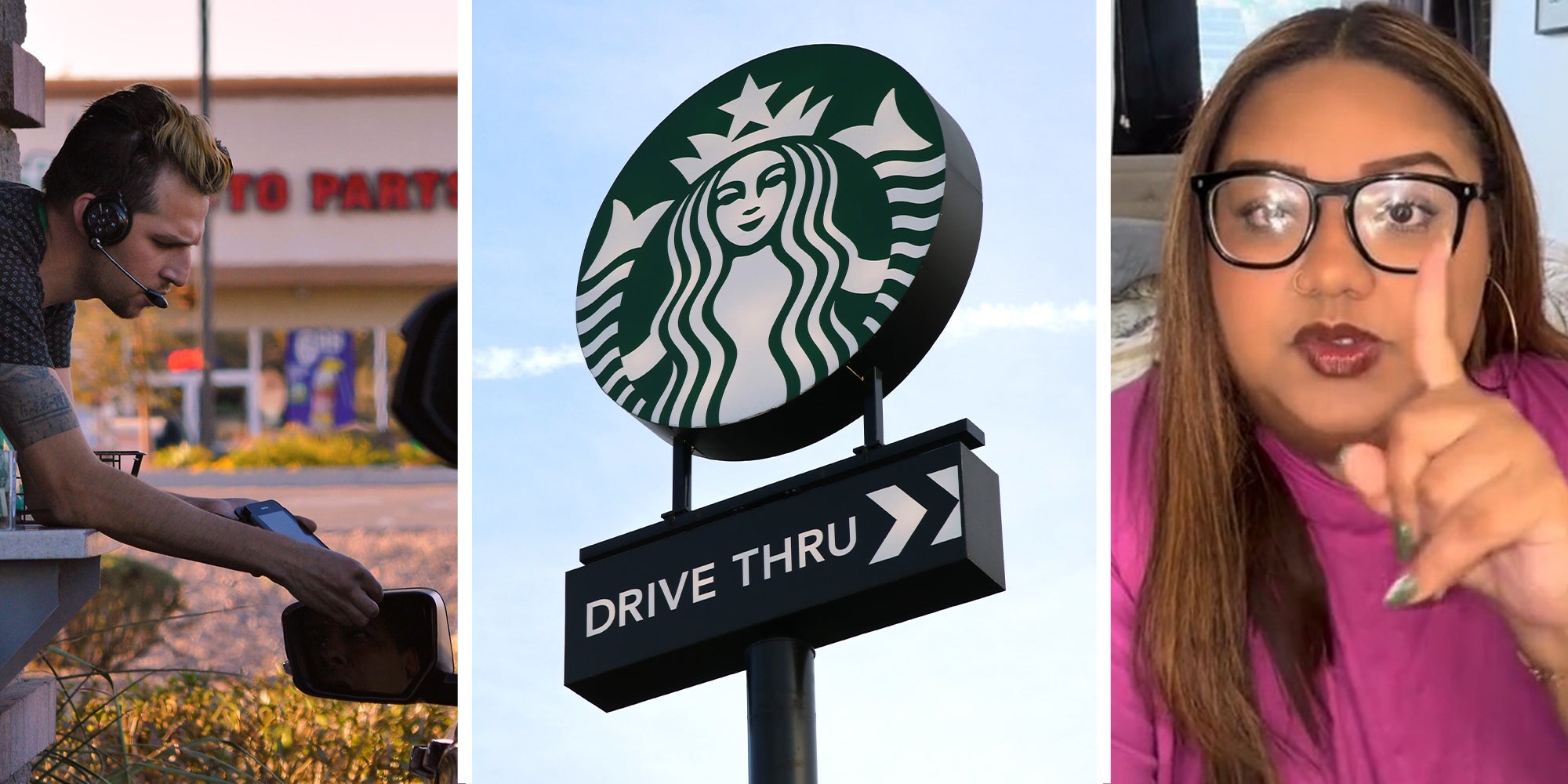 Starbucks Drive Thru worker(l) Starbucks Drive Thru Sign(c) Woman sharing starbucks story on TikTok (r)