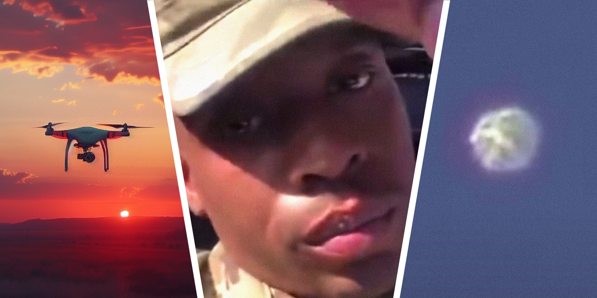 3 panel image: On the left is a drone flying, in the middle a US service person, and on the right an unidentified orb in the sky.