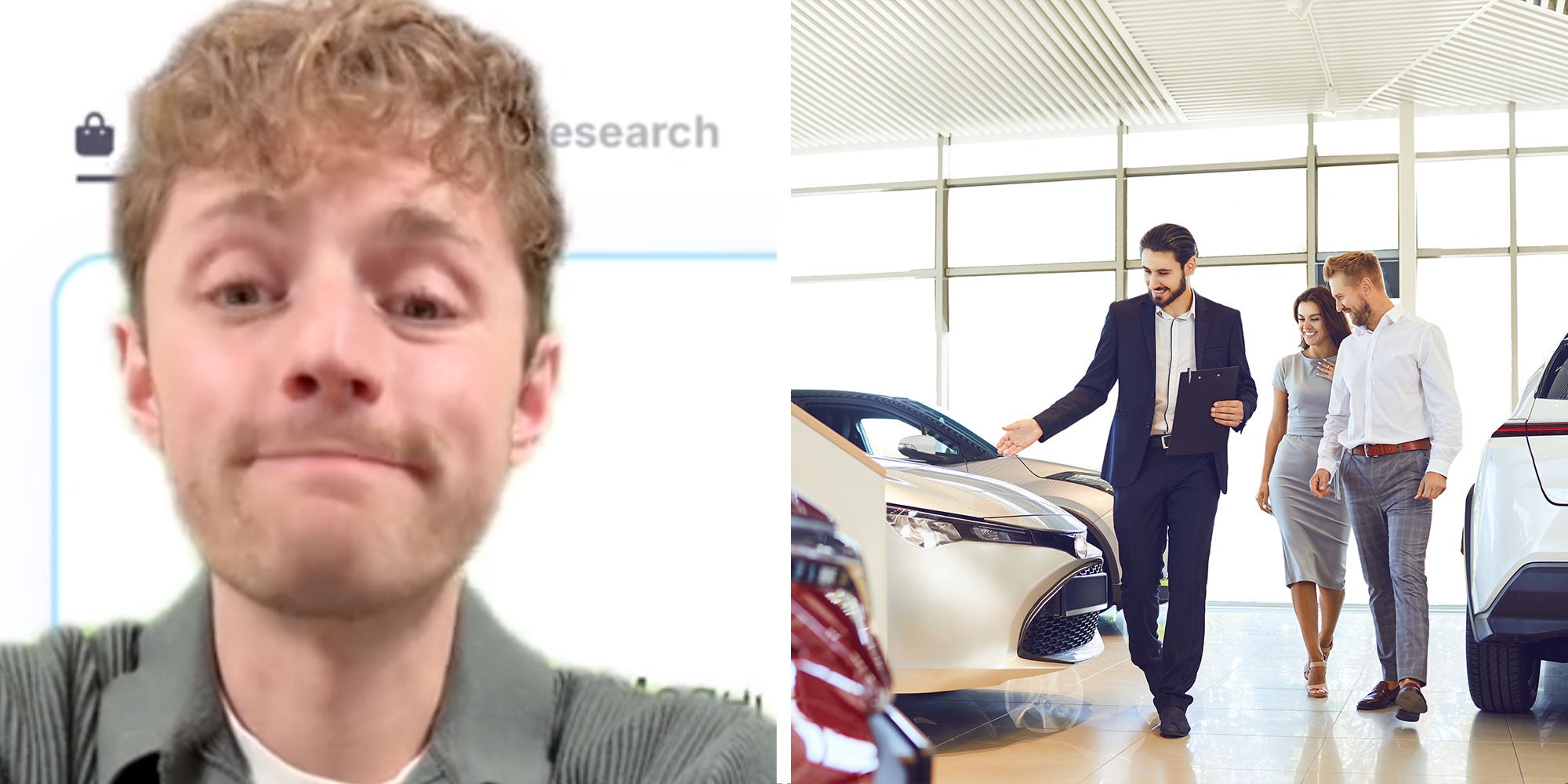 Two panel design with a man looking at the camera, next to an image of a car salesmen walking a couple through a store