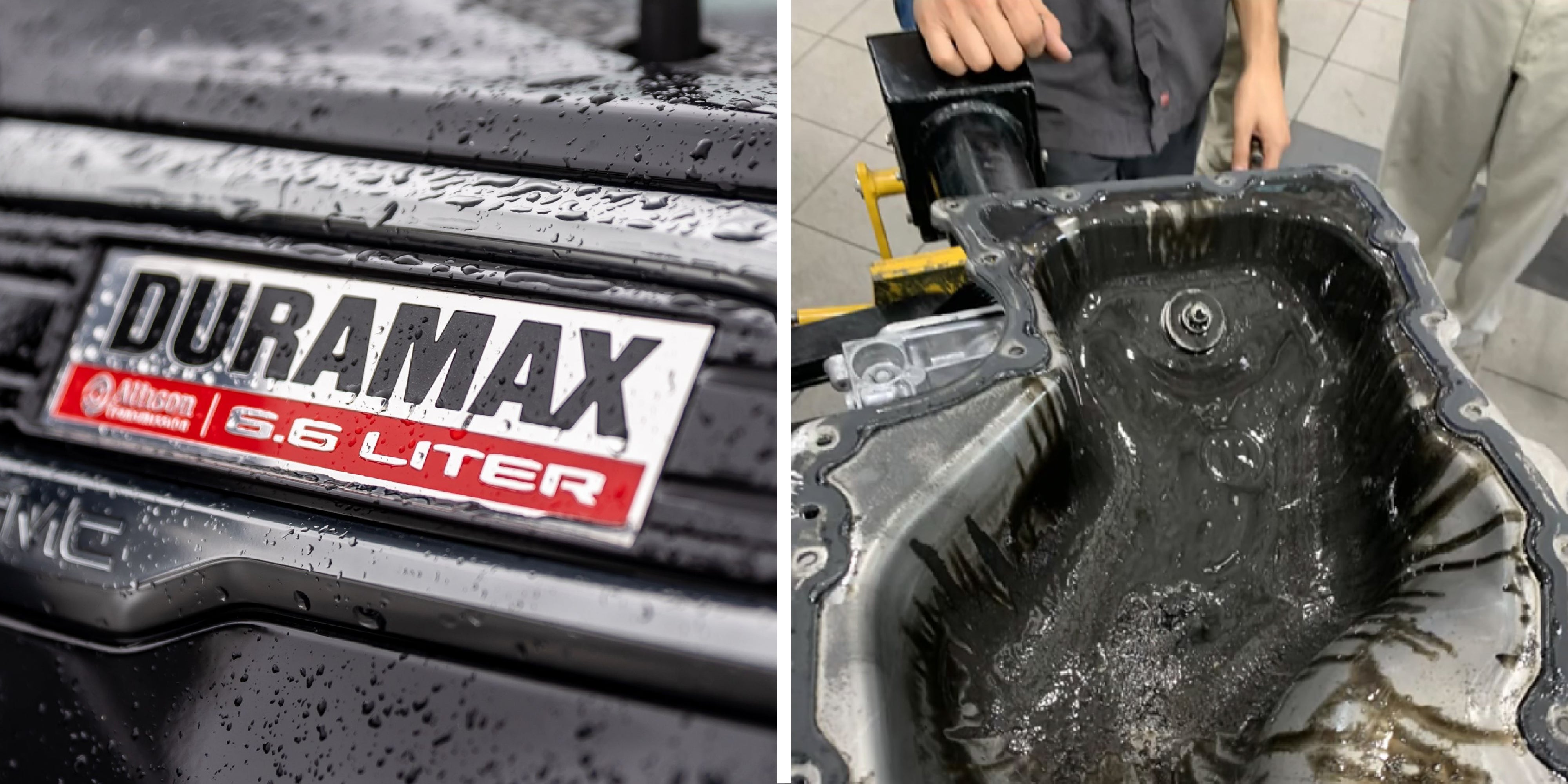 2 panel image. On the left is the logo for Duramax and on the right is a dirty car engine part.