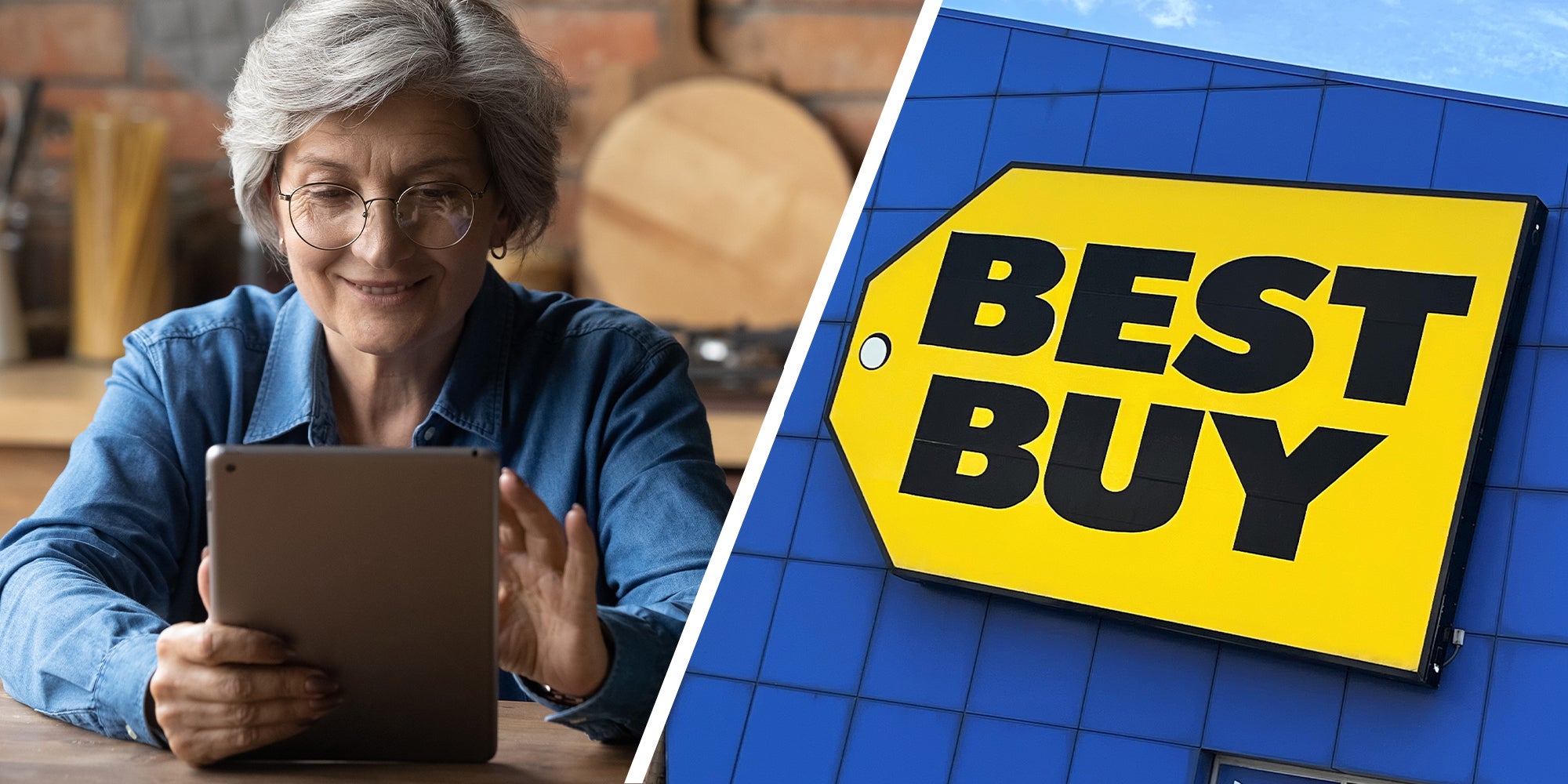 Elderly Woman(l) Best Buy Store sign(r)