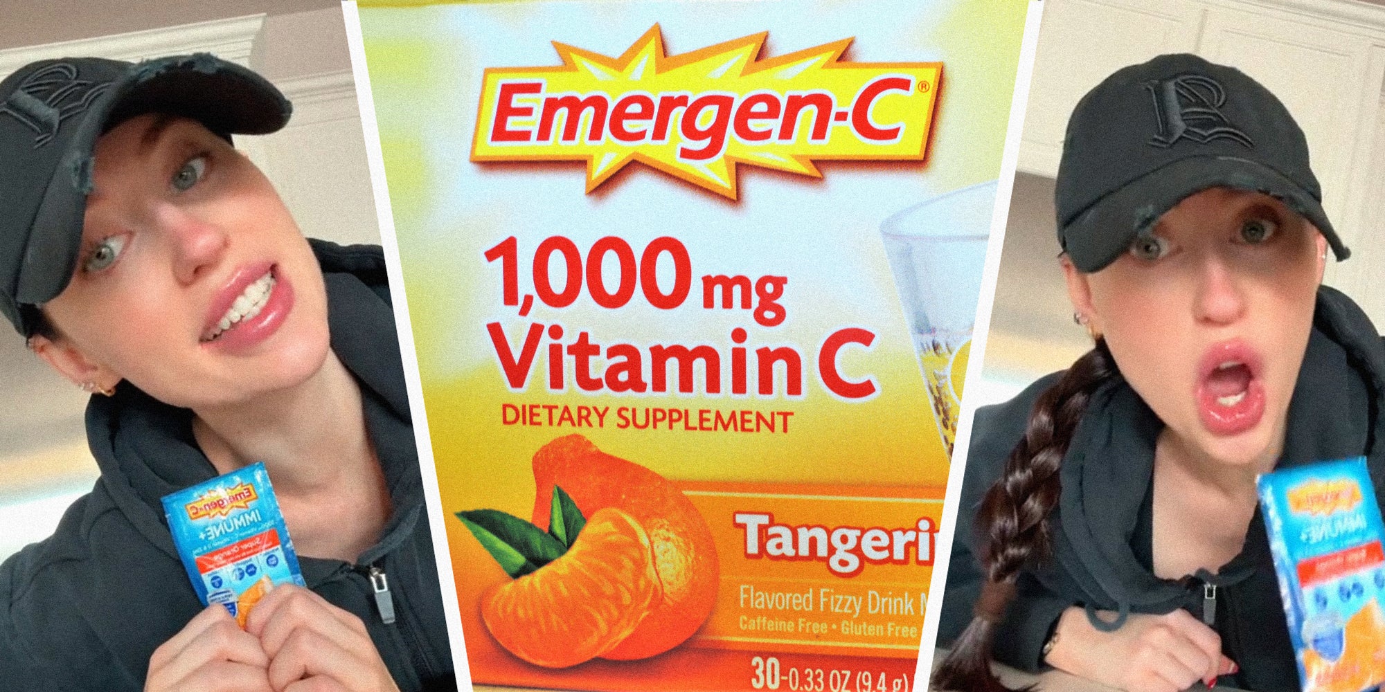 3 panel image: in the middle, is a box of Emergen-C dietarly supplement, on the sides a person explains.