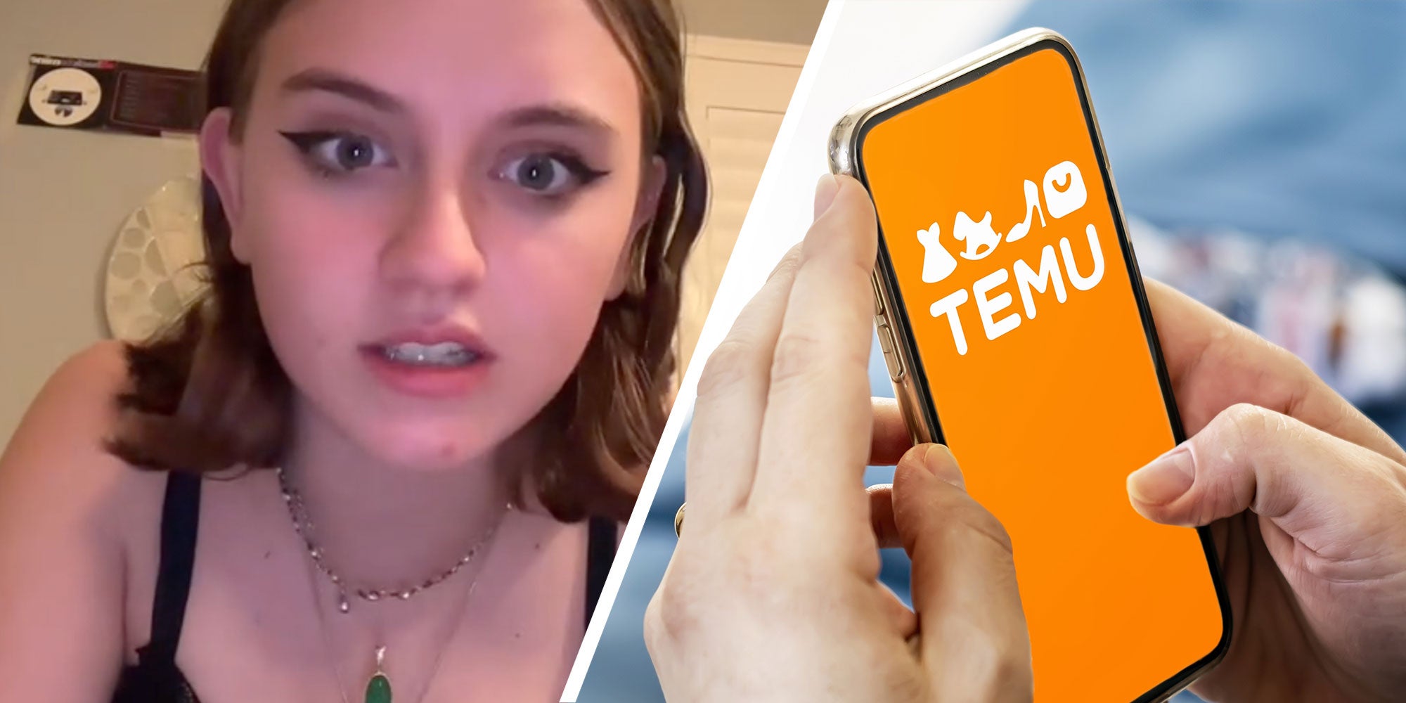 Two panel design with a woman looking at the camera in one, next to an iamge of someone holding a phone with TEMU logo on it