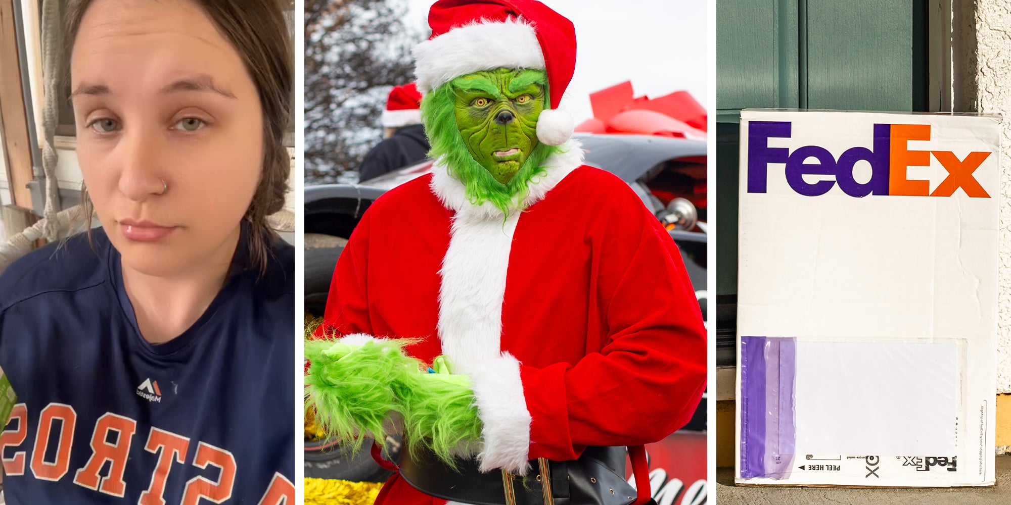 Woman sharing what FedEx did to her(l) The Grinch(c) Fedex Box(r)