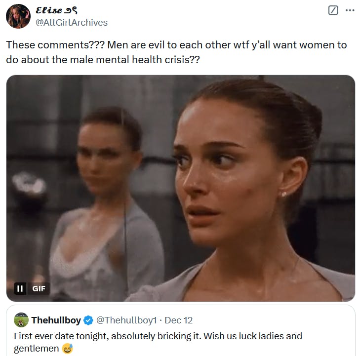 Tweet with a Black Swan gif reading 'These comments??? Men are evil to each other wtf y’all want women to do about the male mental health crisis??'