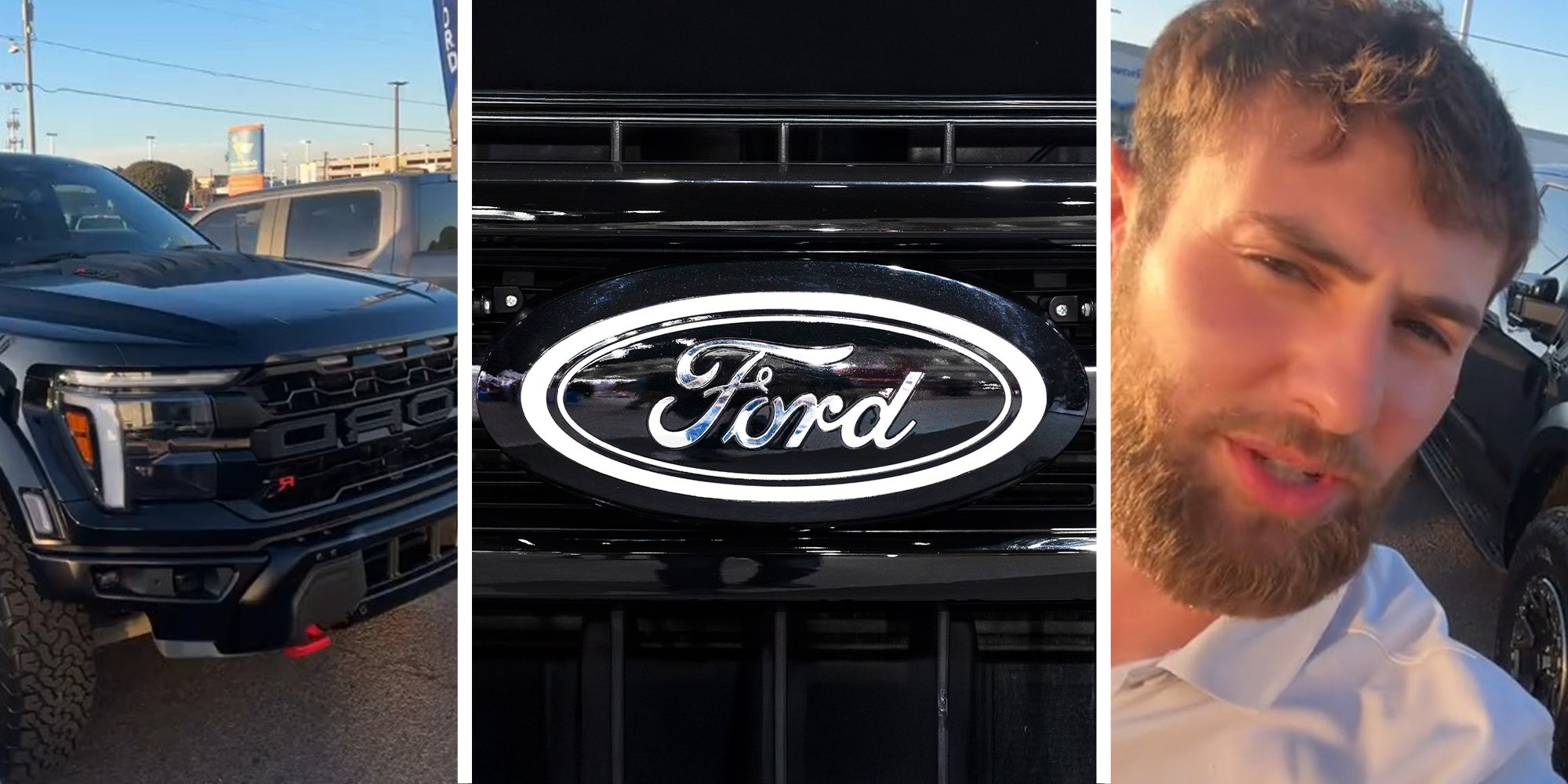 Ford F150 (l) Ford logo on grill(c) Car Salesman sharing information about purchases made at dealer(r)