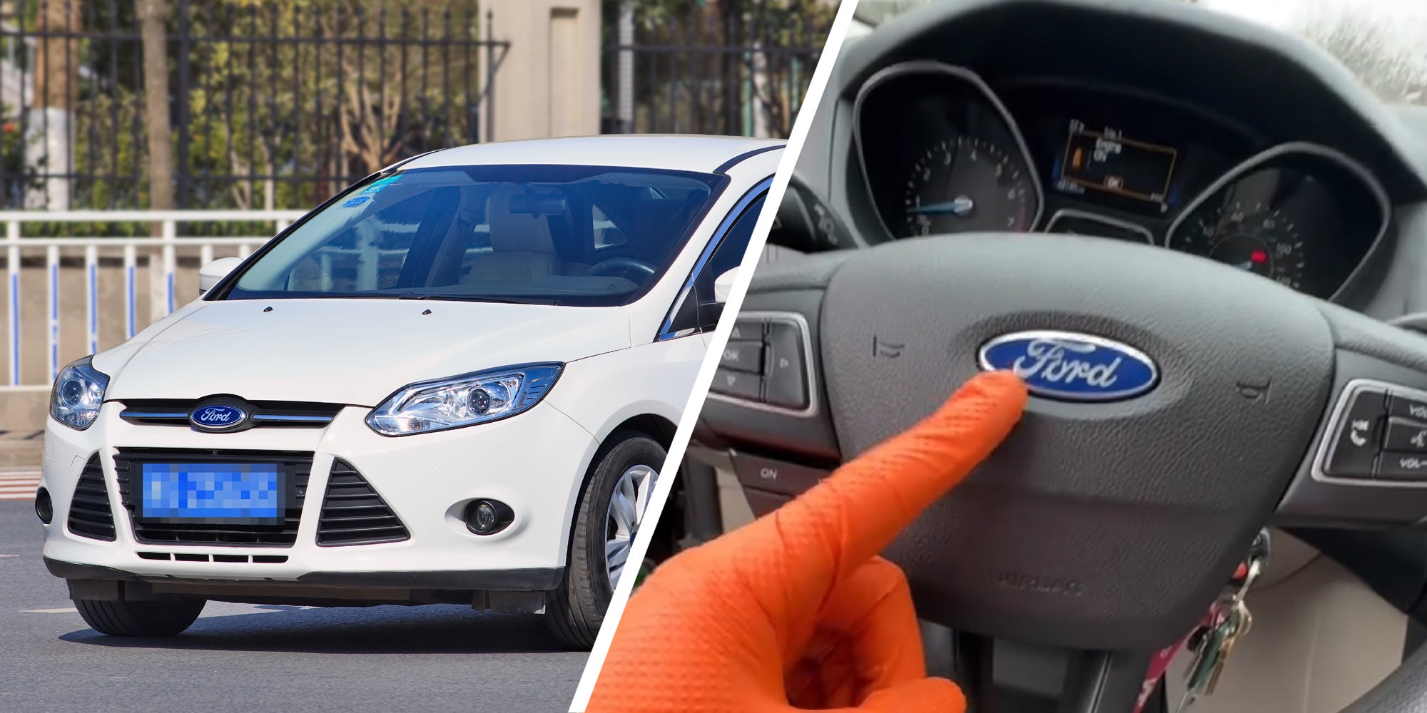 2 panel image: on the left a Ford Focus automobile, and on the right the interior of a Ford Focus automobile.