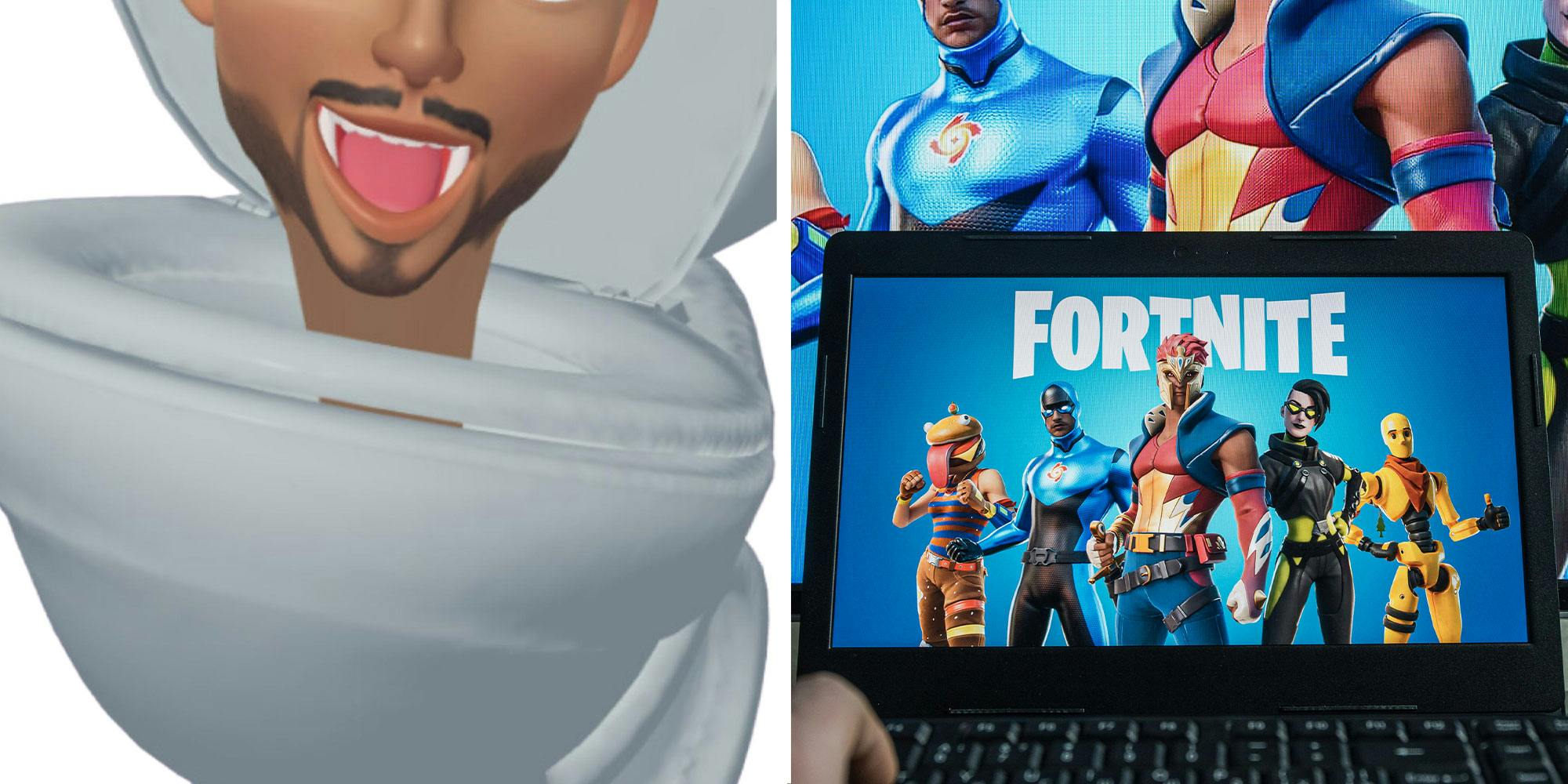 Two panel design with a close up of a character that resembles skibidi toilet and plungerman, next to an image of a Fortnight game on a computer screen