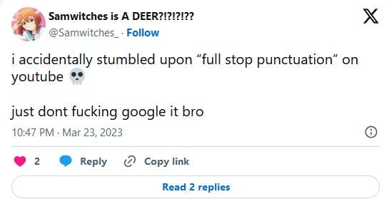 twitter user tells people not to search for full stop punctuation