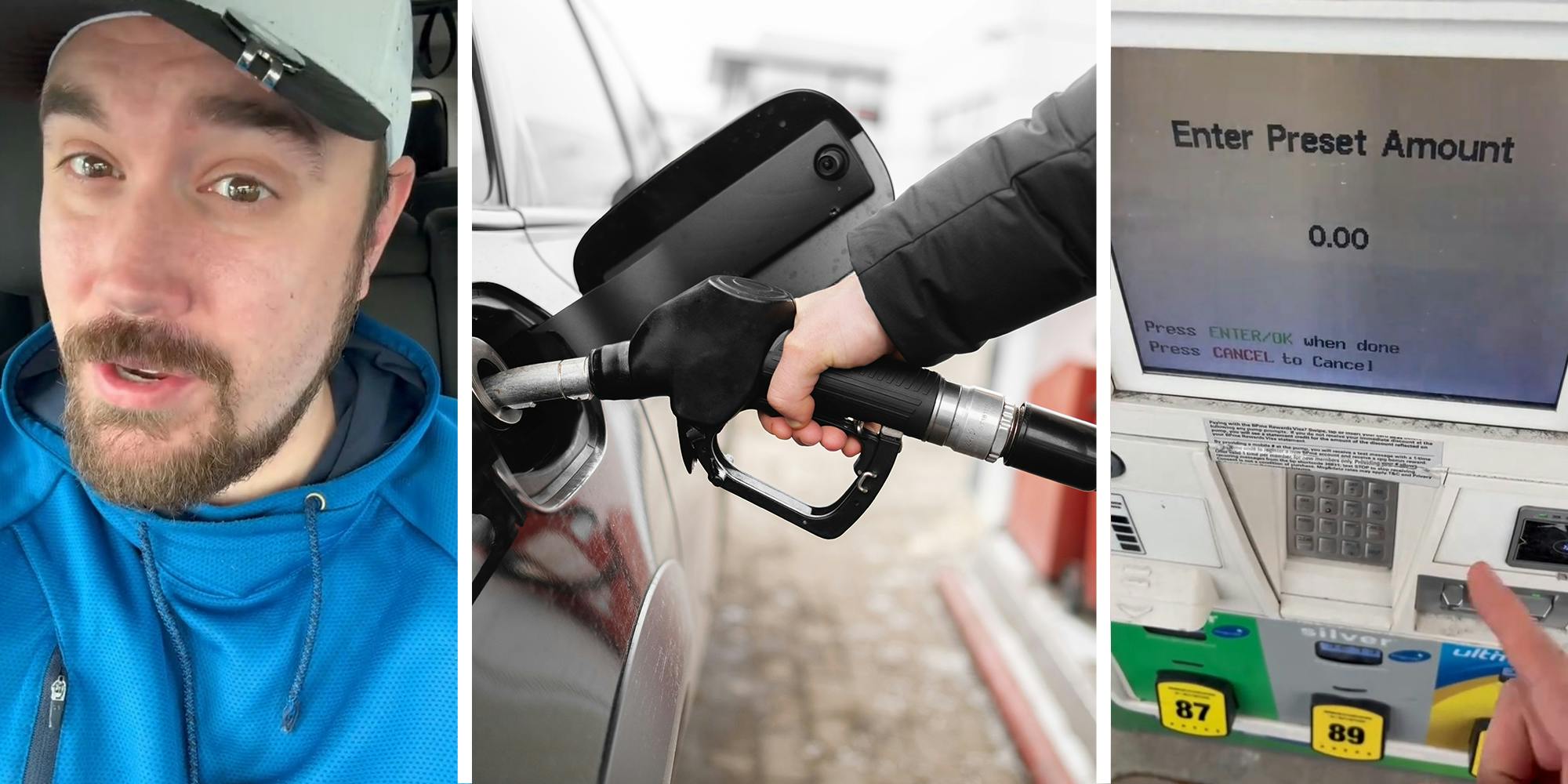 man sharing Gas Pump Trick(l) Fueling up gas pump(c) Gas Pump screen(r)