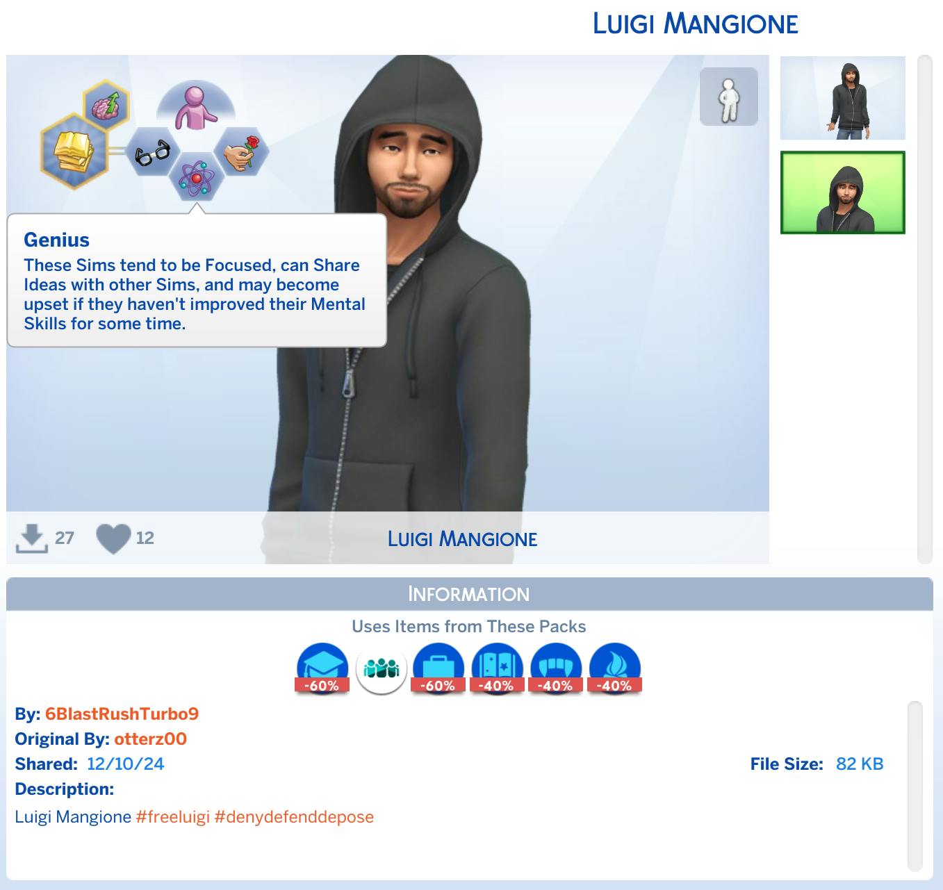 genius trait luigi mangione in hood in the sims 4