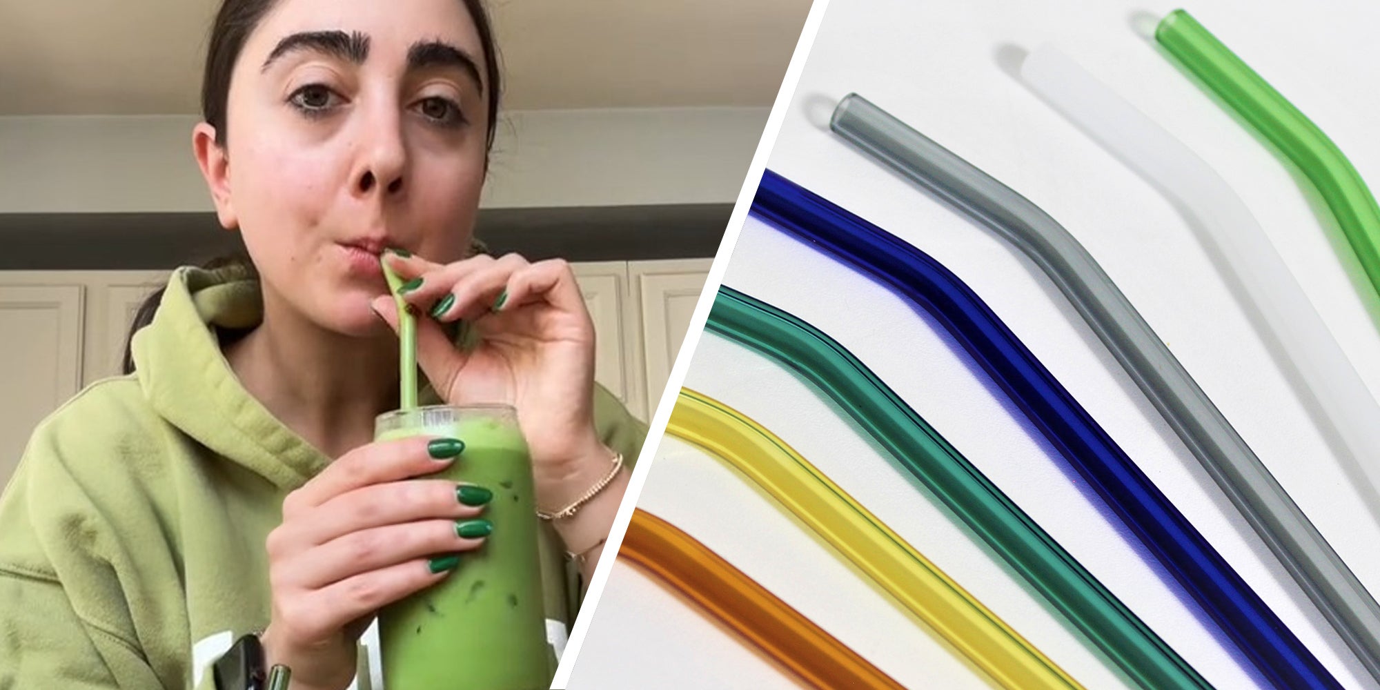 woman drinking out of a glass straw(l) Colorful Glass Straws(r)