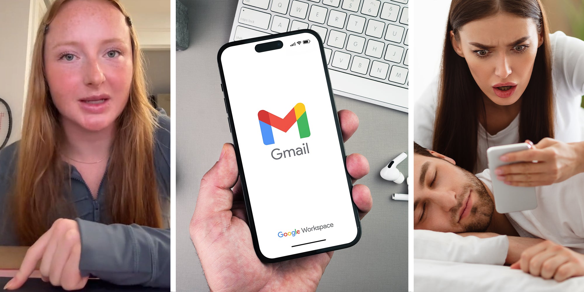 woman sharing how to use gmail app to catch someone cheating(l) person holding phone with Gmail app on display(c) Woman looking shocked while watching mans phone in bed(r)