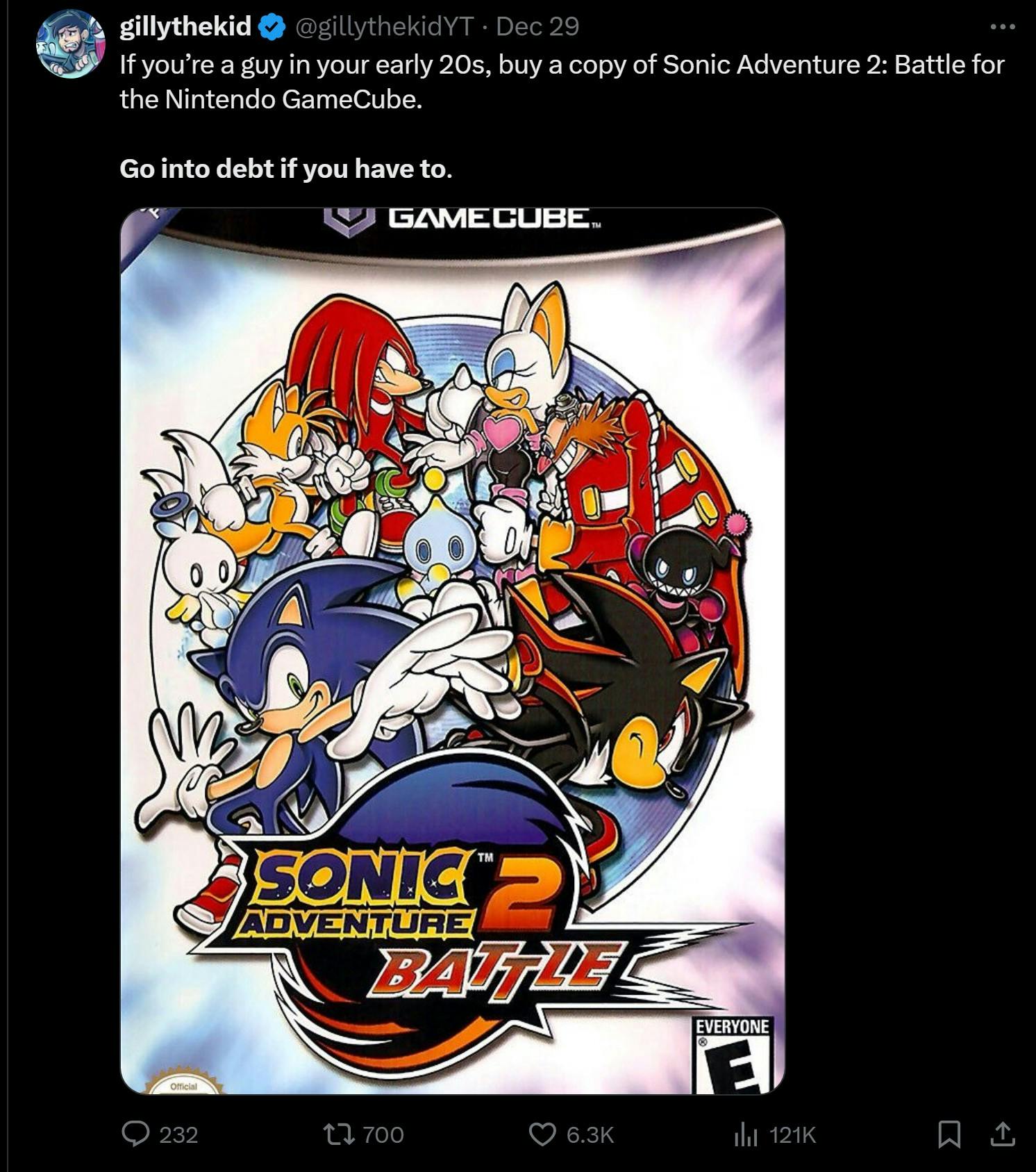 tweet that reads 'If you’re a guy in your early 20s, buy a copy of Sonic Adventure 2: Battle for the Nintendo GameCube. Go into debt if you have to.'