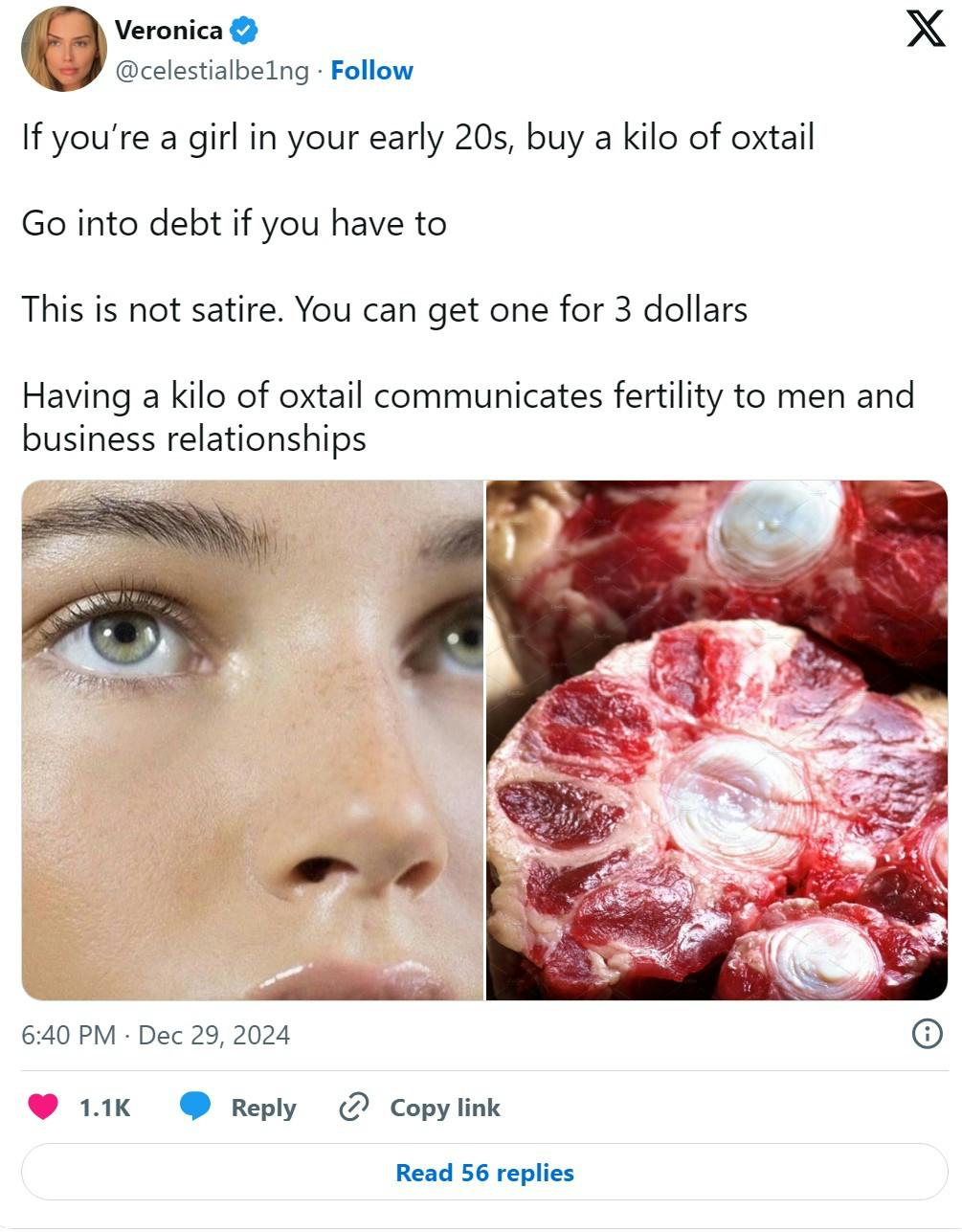 tweet that reads 'If you’re a girl in your early 20s, buy a kilo of oxtail, go into debt if you have to'