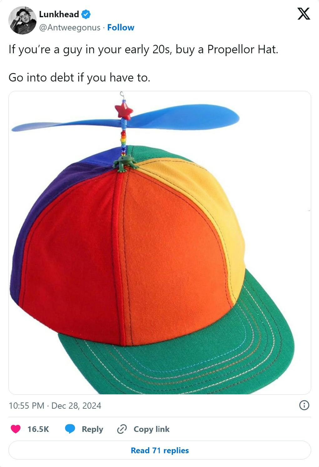 tweet that reads 'If you’re a guy in your early 20s, buy a Propellor Hat, go into debt if you have to'