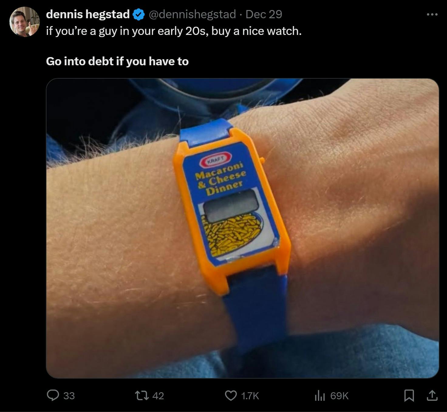 karft macoroni and cheese watch with tweet that reads 'if you’re a guy in your early 20s, buy a nice watch, go into debt if you have to'