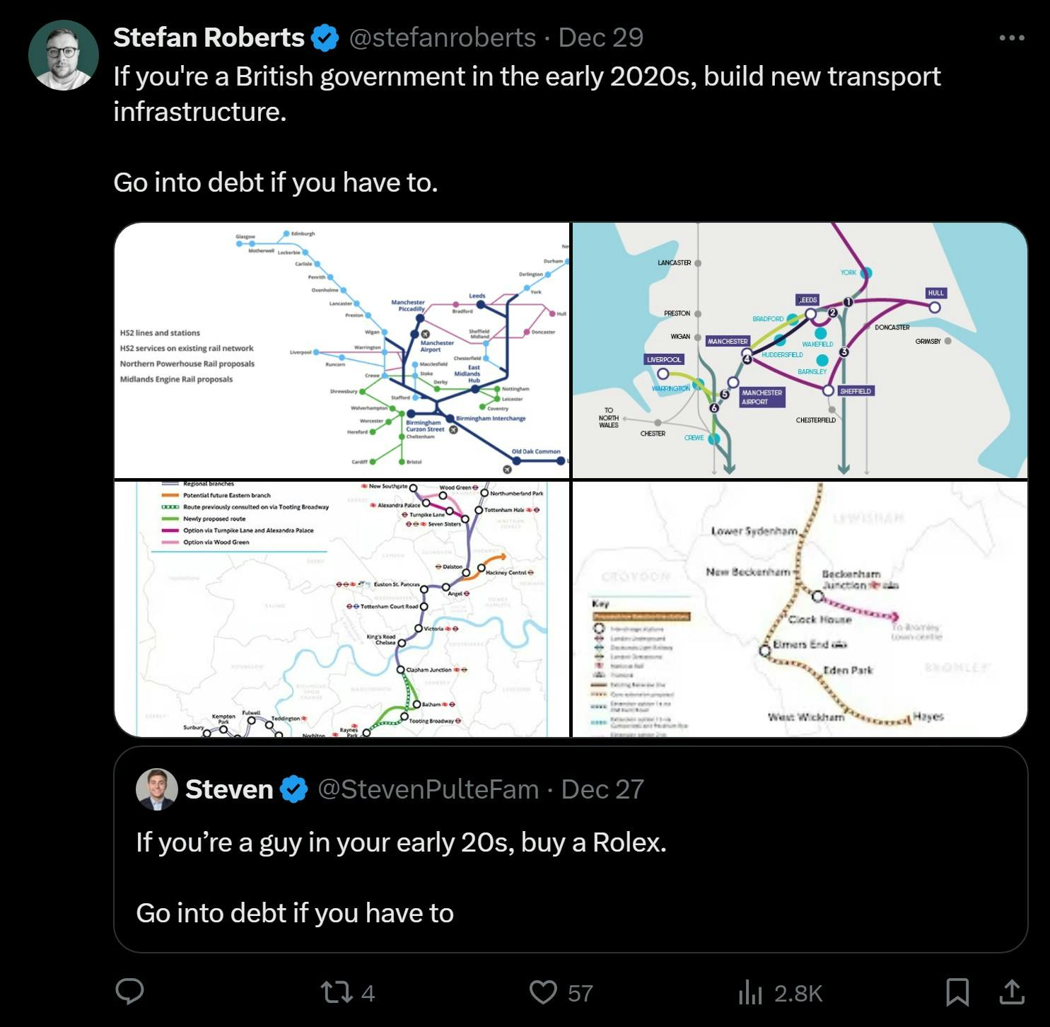 tweet that reads 'If you're a British government in the early 2020s, build new transport infrastructure, go into debt if you have to'