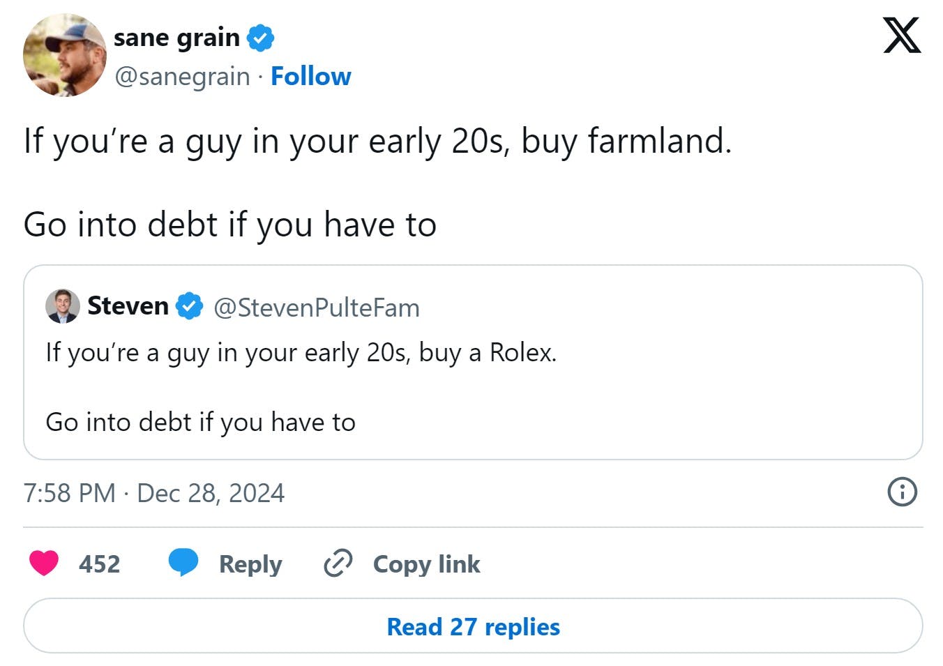 tweet that reads 'If you’re a guy in your early 20s, buy farmland, go into debt if you have to'