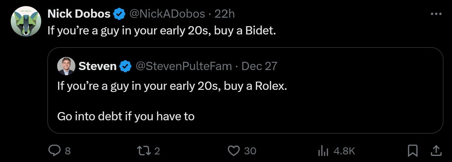 tweet that reads 'if you're a guy in your 20s, buy a bidet'