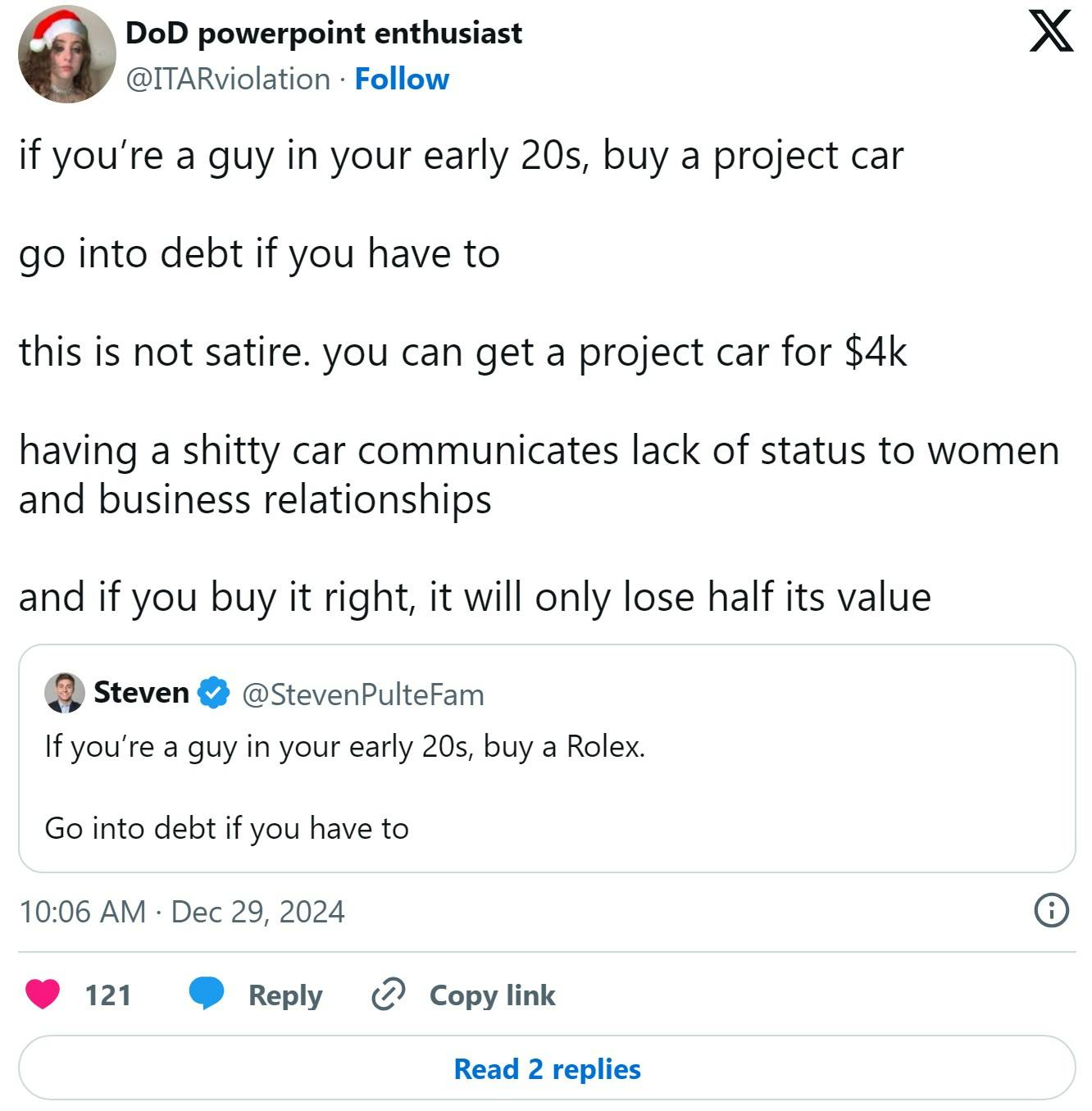 tweet that reads 'if you're a guy in your early 20s, buy a project car, go into debt if you have to, this is not satire, you can get a project car for $4k'