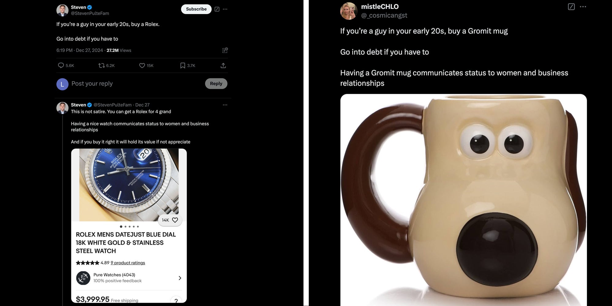 Rolex meme(l), Gromit mug meme(r)