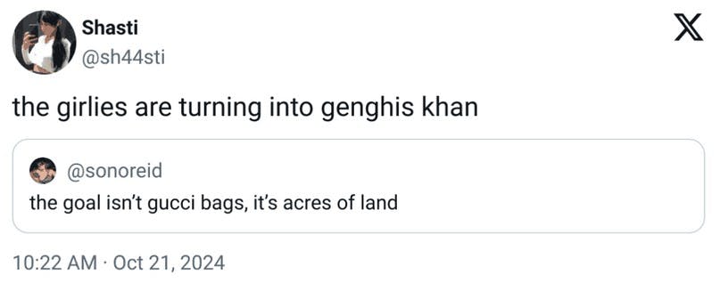 'The girlies are turning into ghengis khan' tweet