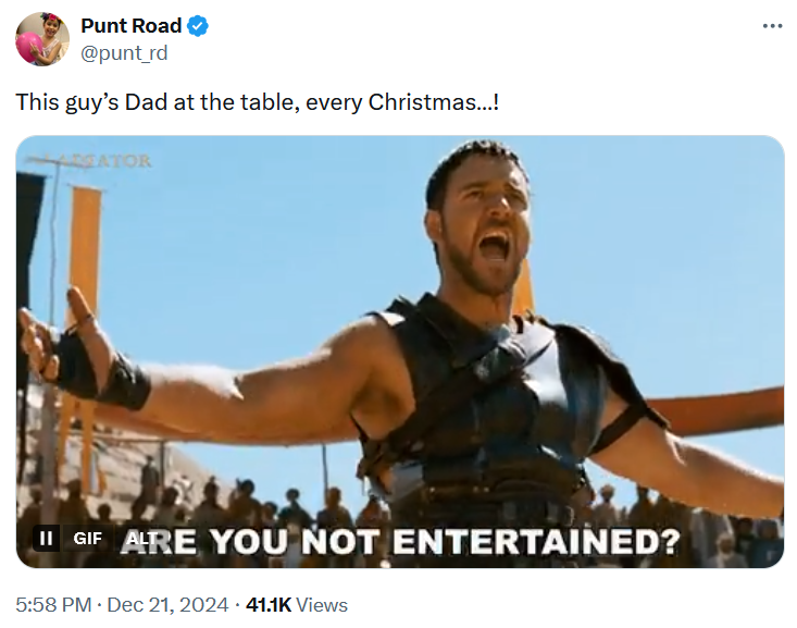 Tweet with a 'are you not entertained' gif.