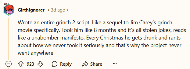 Reddit comment reading 'Wrote an entire grinch 2 script. Like a sequel to Jim Carey’s grinch movie specifically. Took him like 8 months and it’s all stolen jokes, reads like a unabomber manifesto. Every Christmas he gets drunk and rants about how we never took it seriously and that’s why the project never went anywhere.'