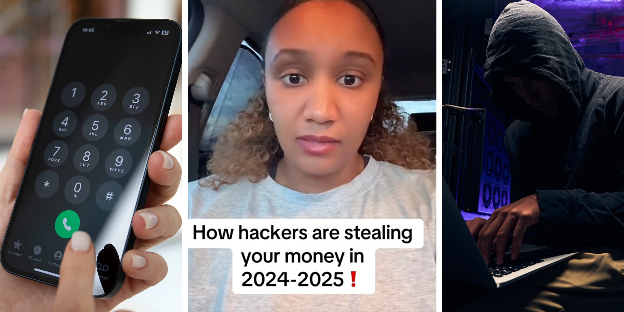 Woman hand holding Apple iPhone 14 with call number on the screen(l) Woman shares what hackers are now doing to steal money(c) Hacker seated in server room launching cyberattack on laptop (r)